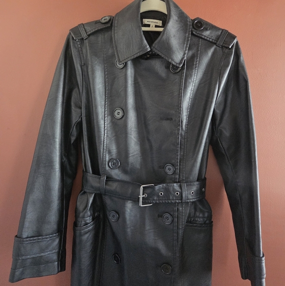 Max Studio Black Faux Leather Long Trench Coat Belted Matrix Style Size S - Picture 2 of 13